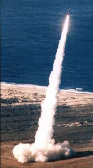 A missile rocketing skyward.
