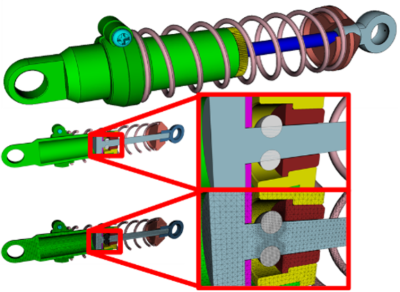 Morph automatically resolves volume overlap and generates a refined tetrahedral mesh on a generic standard shock absorber example.