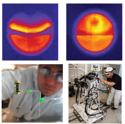 Left top images, in-situ diagnostic images captured using Sandia’s UXI framing camera. The images above are hybrid CMOS camera x-ray images on NIF, captured in 2015, at 2ns temporal resolution. Bottom left, NIF operator installs an opacity target assembly. The hohlraum (top) holds and heats the sample. The x-ray collimator pinhole is in the middle and the x-ray backlighting source is on the botom