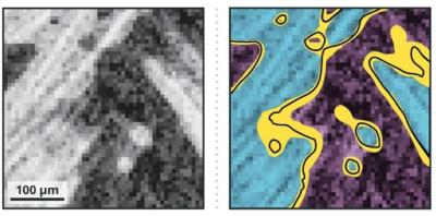 Figure 11: An illustration shows the uncertainty of drawing boundaries in scanned images used for high-consequence computer simulations.  The gray-scale image on the left is a scan of material used as a thermal barrier.  The illustrated image on the right shows the material segmented into two classes (blue and purple).  The black lines show one possible interface boundary between the two classes of material.  The yellow region depicts the segmentation uncertainty, meaning the black lines could be drawn anyw